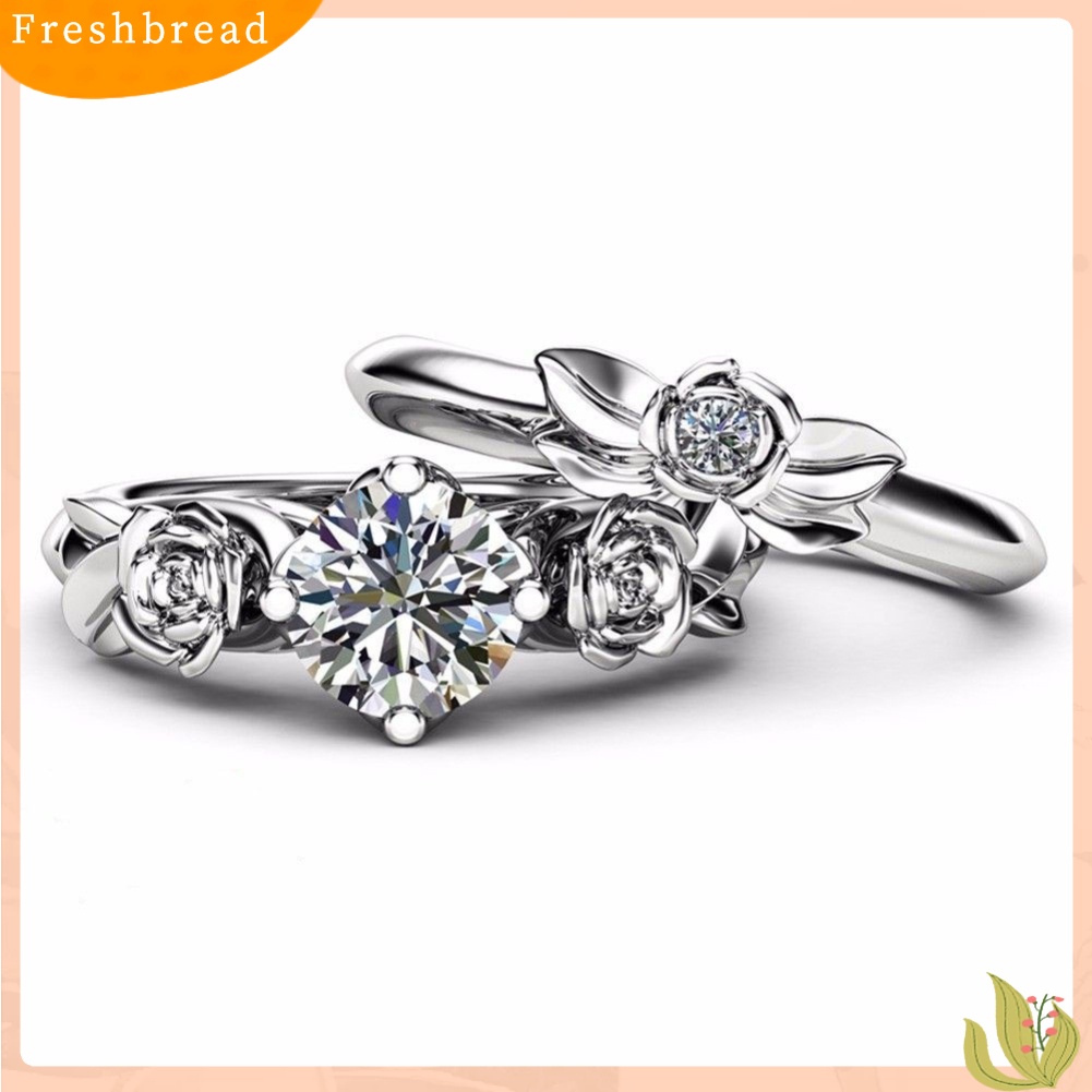 &lt; Freshbread &gt; 2Pcs Fashion Bunga Mawar Cincin Set Berlian Imitasi Wanita Pesta Pertunangan Perhiasan