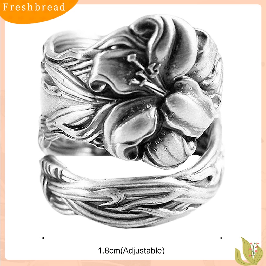 &lt; Freshbread &gt; Adjustable All-matched Warna Perak Wanita Cincin Buatan Tangan Ukir Bunga Pembukaan Cincin Perhiasan Alat Ekstra