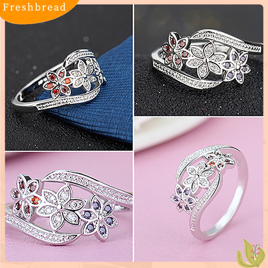 &lt; Freshbread &gt; Cincin Perak Berlapis Desain Bunga Cubic Zirconia Hias Shiny Fashion Women Ring Untuk Pernikahan