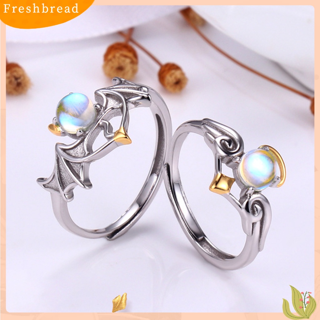 &lt; Freshbread &gt; Wanita Cincin Romantis Bersinar Faux Moonstone Desain Pembukaan Yang Dapat Disesuaikan Hadiah Hias Sayap Setan Malaikat Jari Cincin Perhiasan Pesta Untuk Kekasih