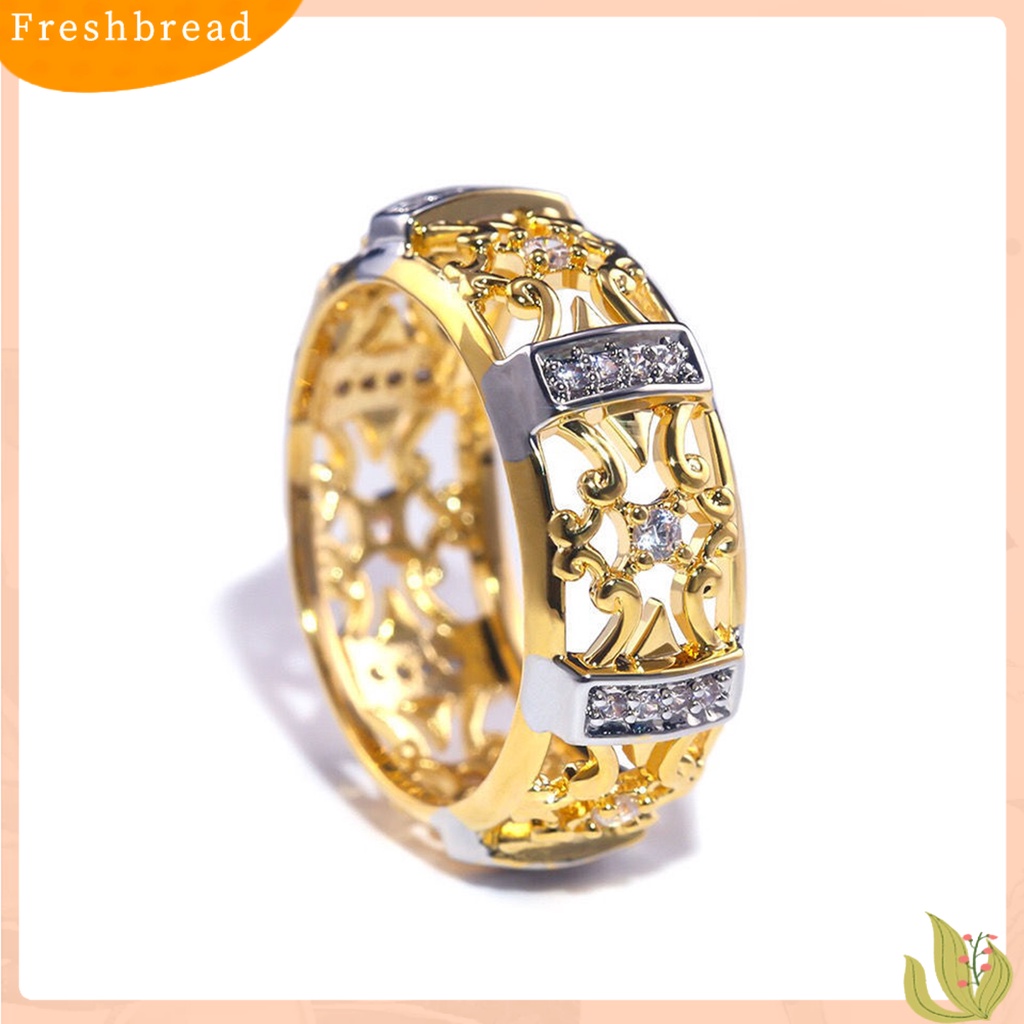 &lt; Freshbread &gt; Wanita Cincin Gaya Vintage Berongga Ukiran Dua Warna Kuno Bling Cubic Zirconia Ladies Finger Ring Fashion Jewelry