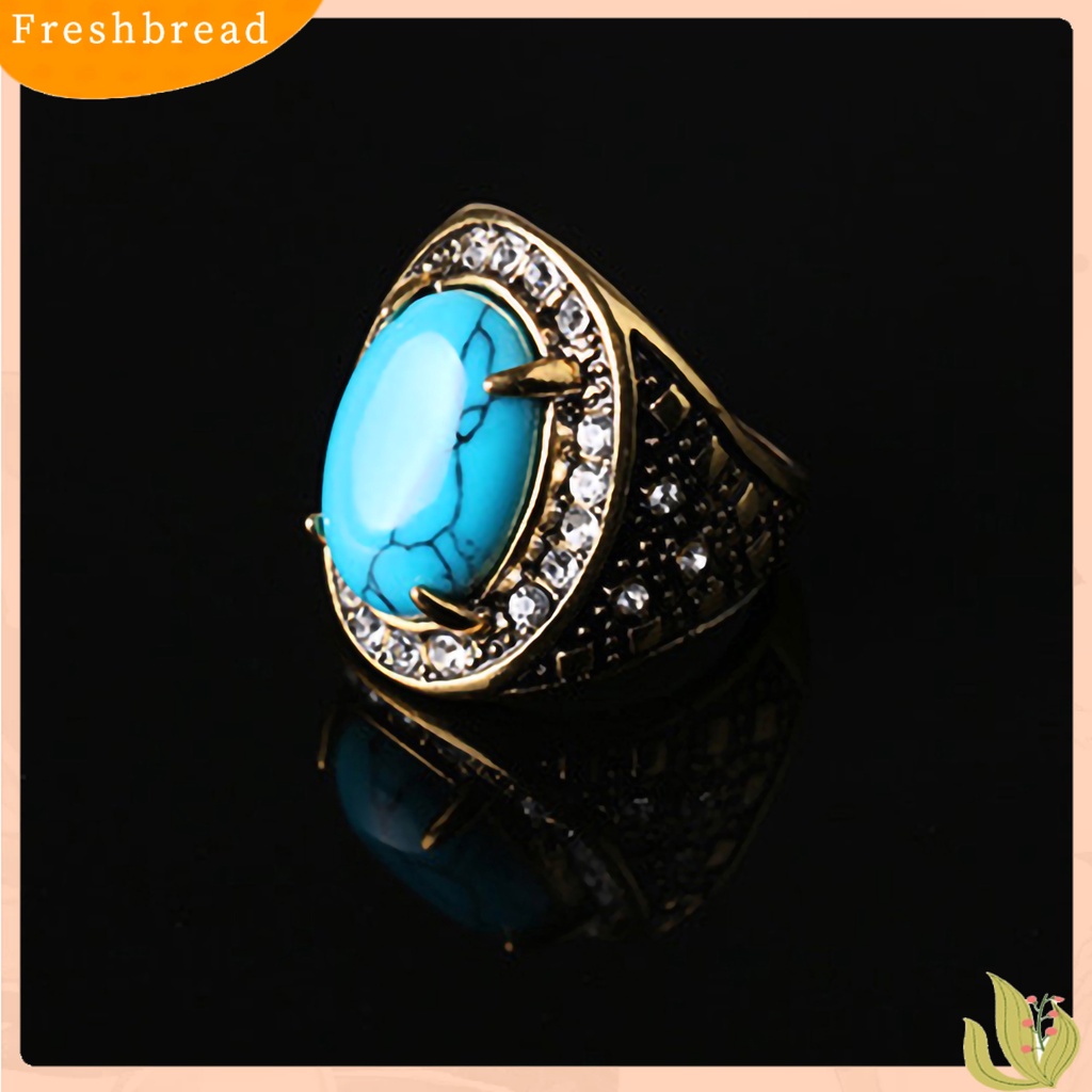 &lt; Freshbread &gt; Cincin Unisex Turquoise Hias Berlian Imitasi Retro Pria Wanita Perhiasan Cincin Untuk Pesta