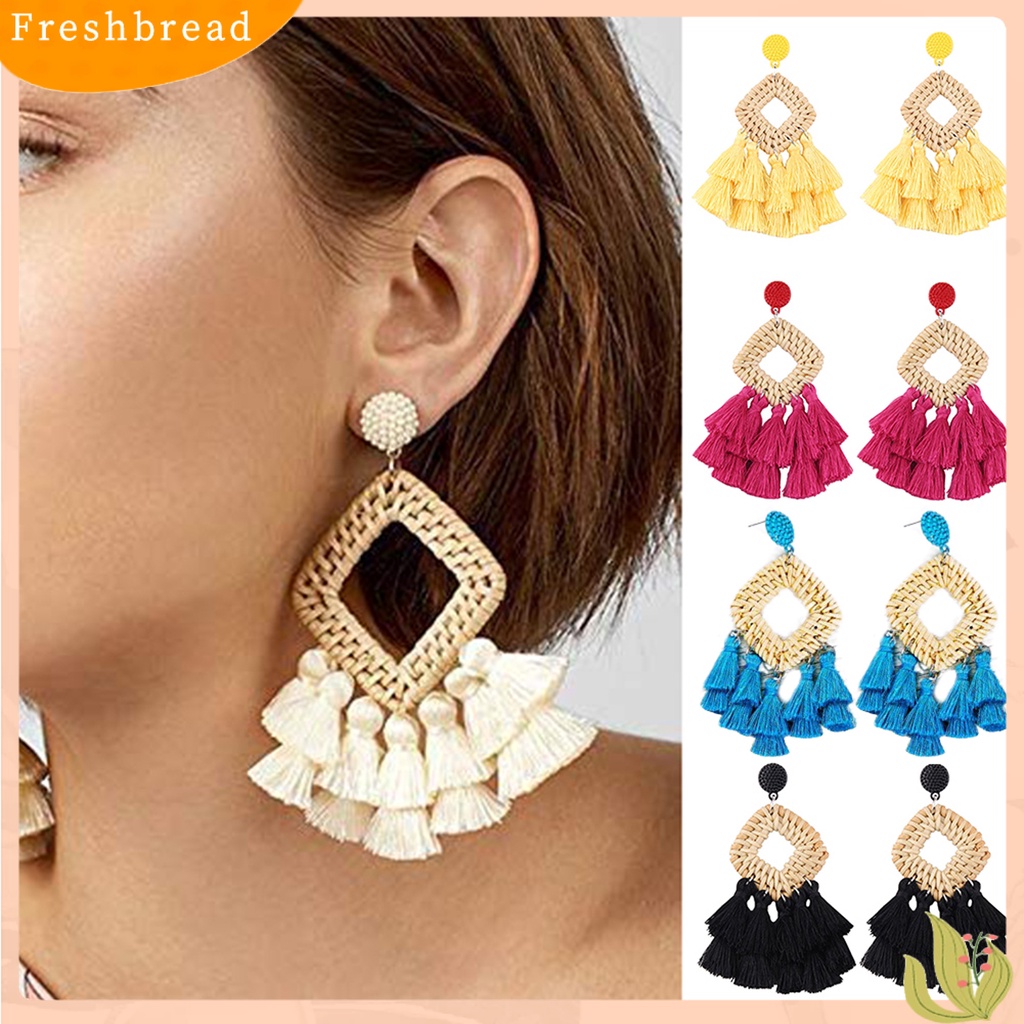 &lt; Freshbread &gt; Boho Wanita Berongga Belah Ketupat Anyaman Rotan Rumbai Statement Menjuntai Stud Earrings