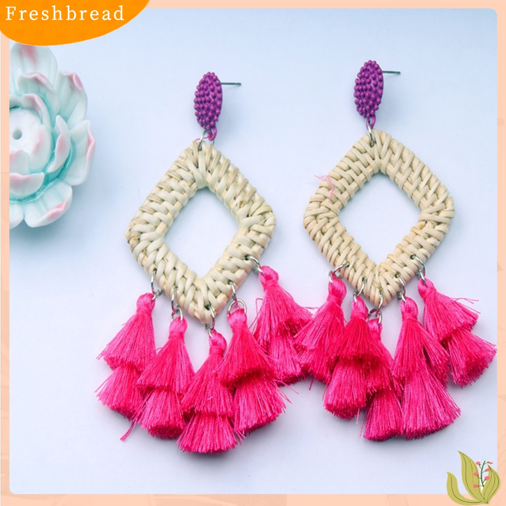 &lt; Freshbread &gt; Boho Wanita Berongga Belah Ketupat Anyaman Rotan Rumbai Statement Menjuntai Stud Earrings