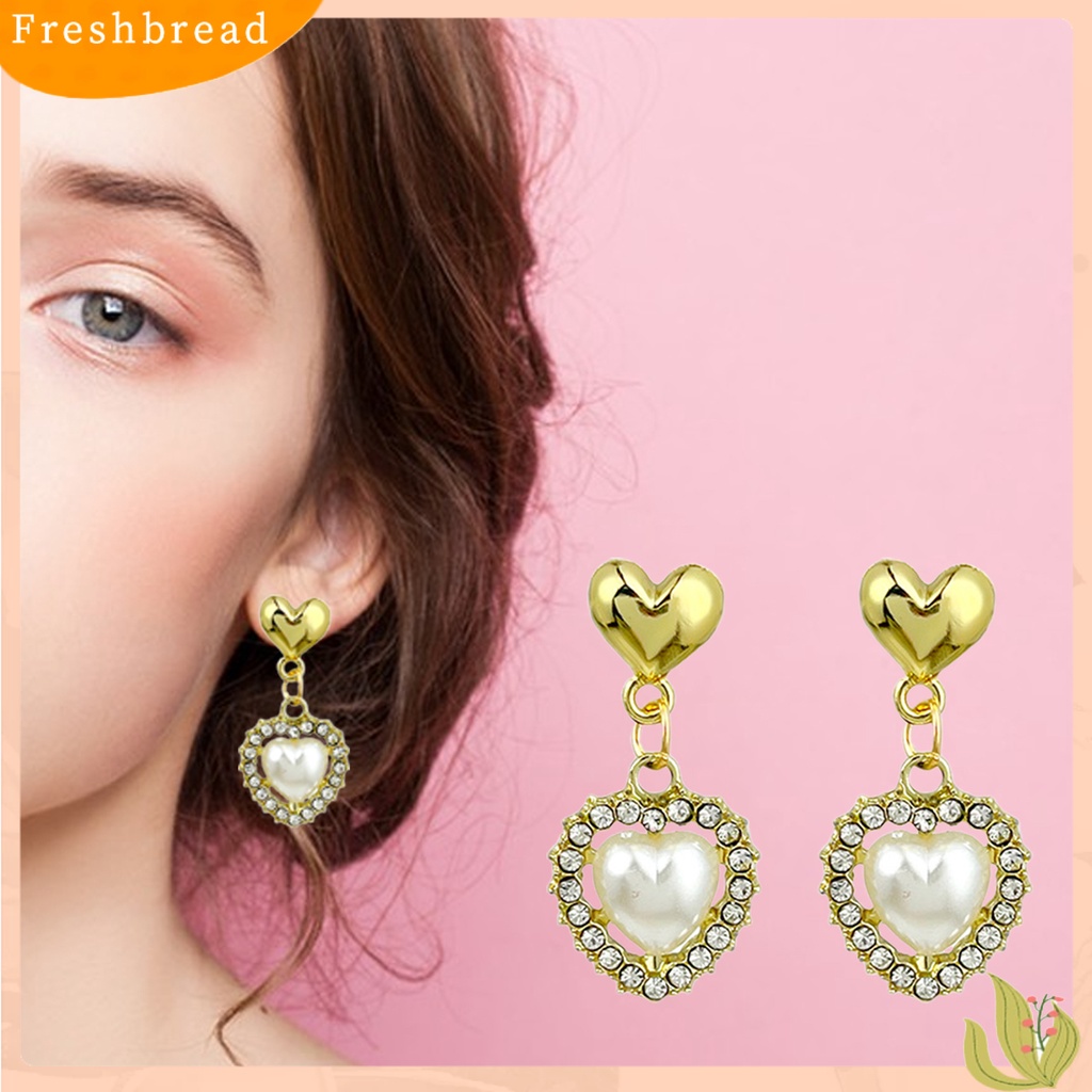 &lt; Freshbread &gt; 1pasang Anting Pejantan Hadiah Elegan Fashion Perhiasan Berlian Imitasi Mengkilap Cinta Hati Mutiara Imitasi Menjuntai Anting Untuk Hari Valentine