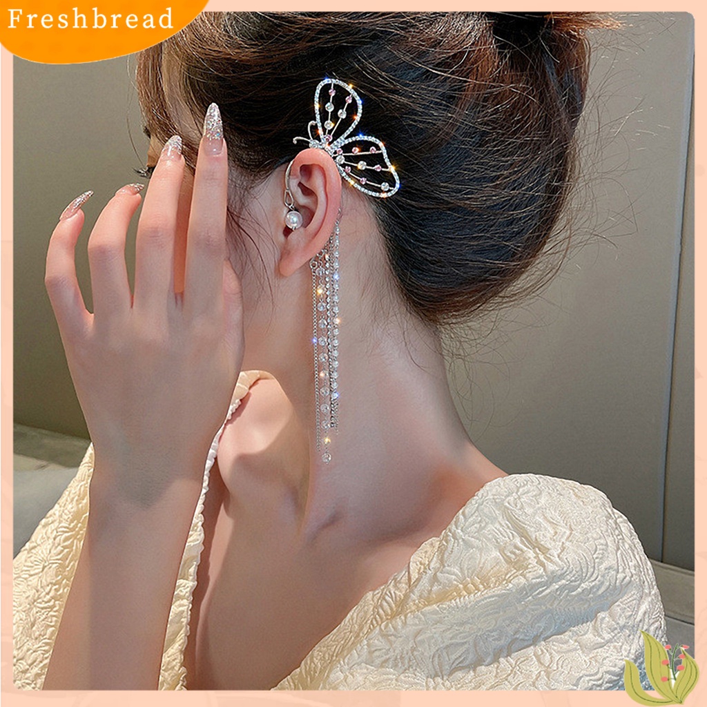 &lt; Freshbread &gt; 1Pc Mutiara Imitasi Dekorasi Tanpa Tindik Panjang Telinga Manset Wanita Elegan Berlian Imitasi Bentuk Kupu-Kupu Rumbai Anting Perhiasan Aksesoris