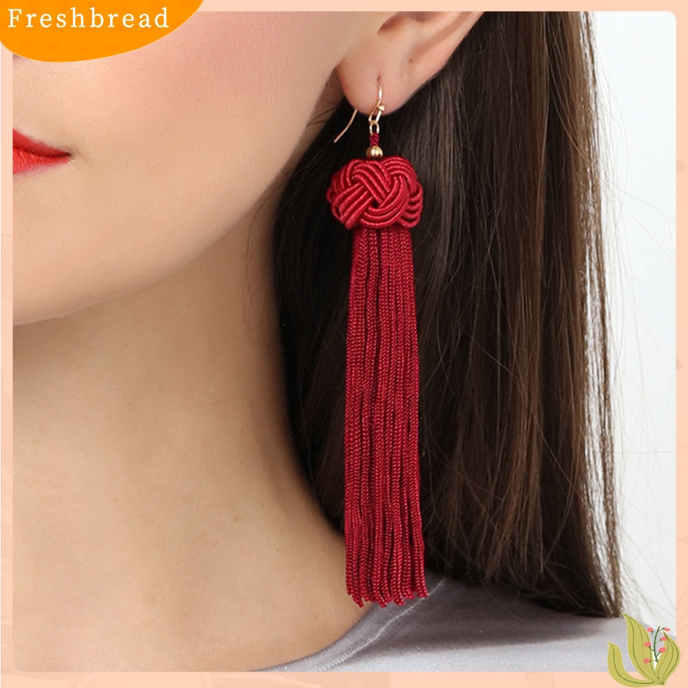 &lt; Freshbread &gt; Bohemian Wanita Anyaman Simpul Rumbai Panjang Menjuntai Kait Anting Pernyataan Perhiasan