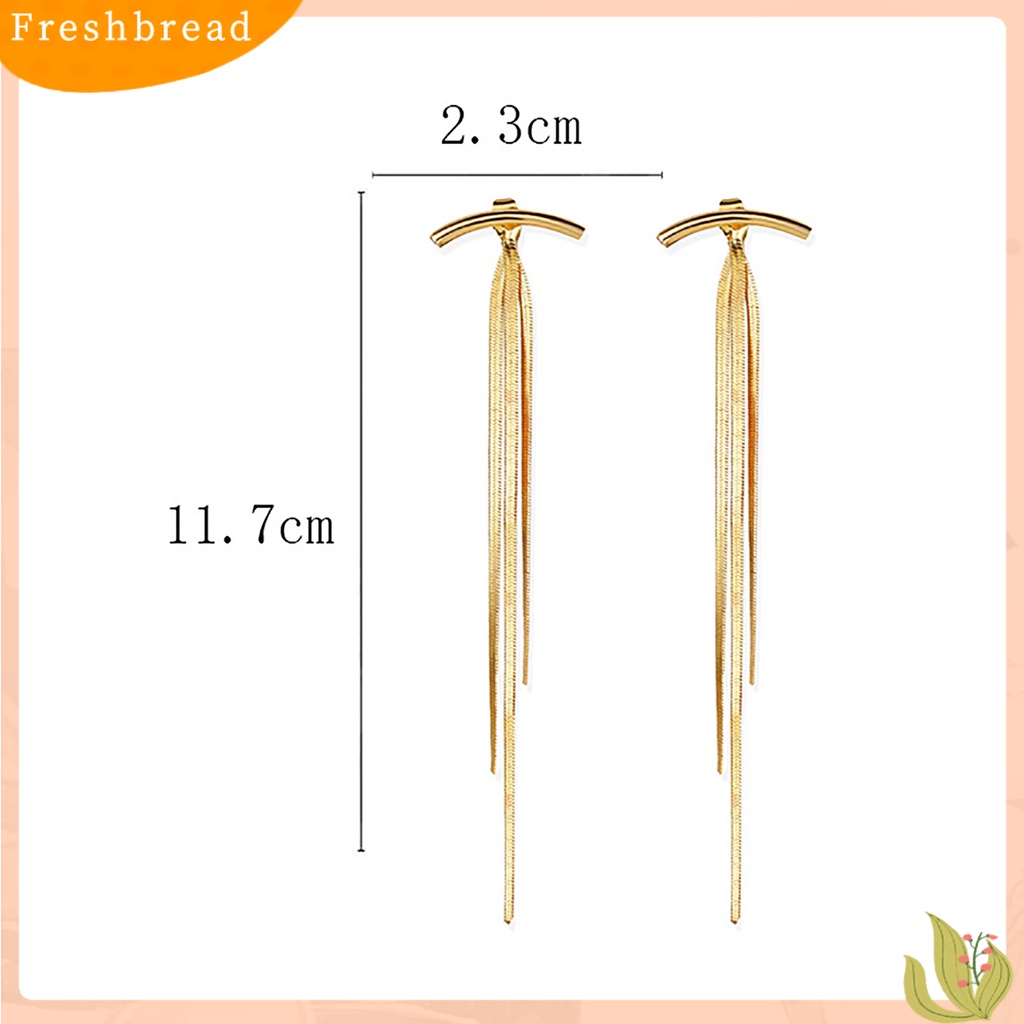 &lt; Freshbread &gt; 1pasang Benang Panjang Rumbai Menjuntai Anting Logam Glossy Arc Bar Stud Earrings Perhiasan Aksesoris