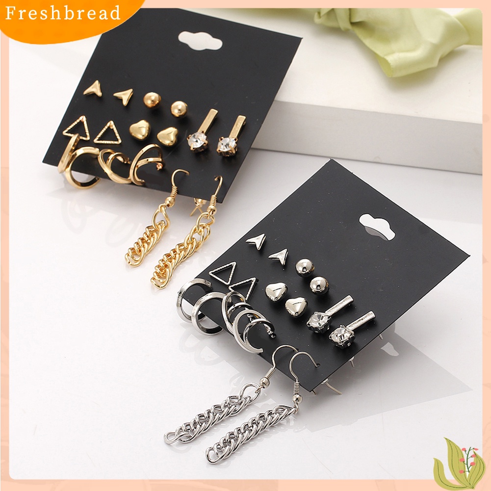 &lt; Freshbread &gt; 9pasang Fashion Wanita Berlian Imitasi Hati Bentuk Segitiga Ear Stud Hook Earrings