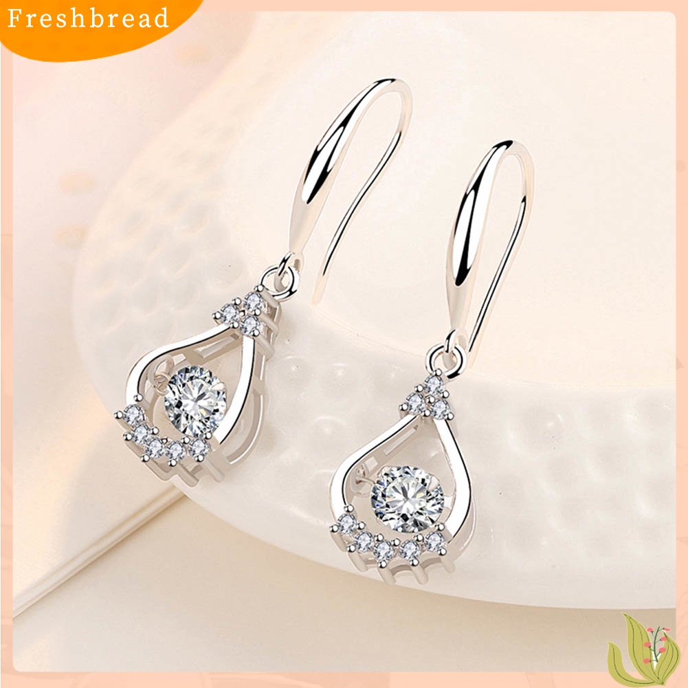 &lt; Freshbread &gt; Wanita Bulat Cubic Zirconia Hias Tetesan Air Menjuntai Kait Anting Perhiasan Hadiah