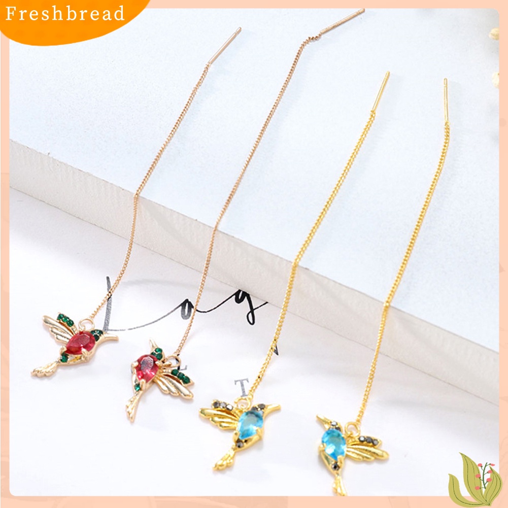 &lt; Freshbread &gt; Wanita Desain Hummingbird Berlian Imitasi Dekorasi Ear Stud Panjang Rumbai Menjuntai Anting