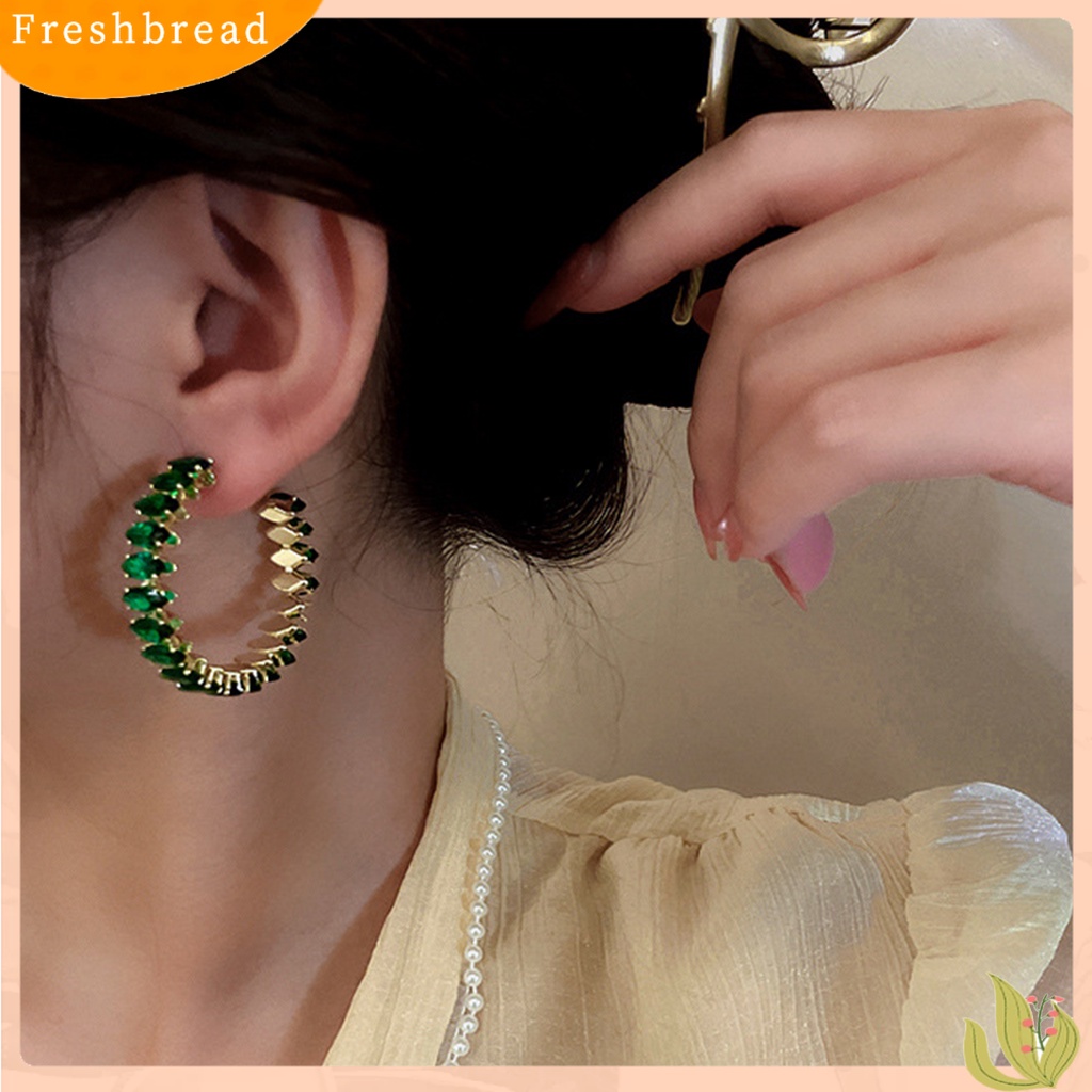 < Freshbread > 1pasang Anting Hoop Wanita Berlian Imitasi Mengkilap Bulat Mewah Lady Earrings Untuk Hadiah