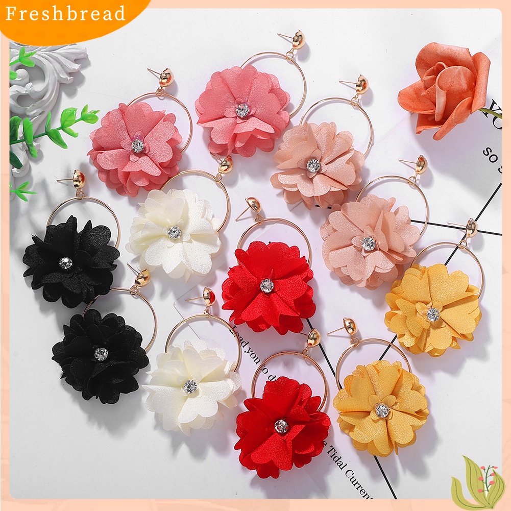 &lt; Freshbread &gt; Fashion Wanita Berlian Imitasi Bunga Bulat Menjuntai Ear Drop Earrings Perhiasan Hadiah