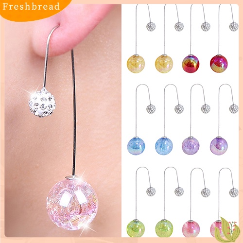 &lt; Freshbread &gt; Wanita 2ujung Bola Tembus Retak Mutiara Imitasi Menjuntai Panjang U Hook Earrings