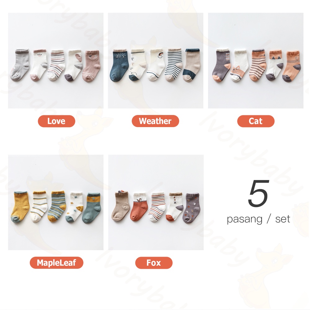 Ivorybaby 5pc Kaos kaki bayi lucu Kaus kaki anak katun 0-3 tahun
