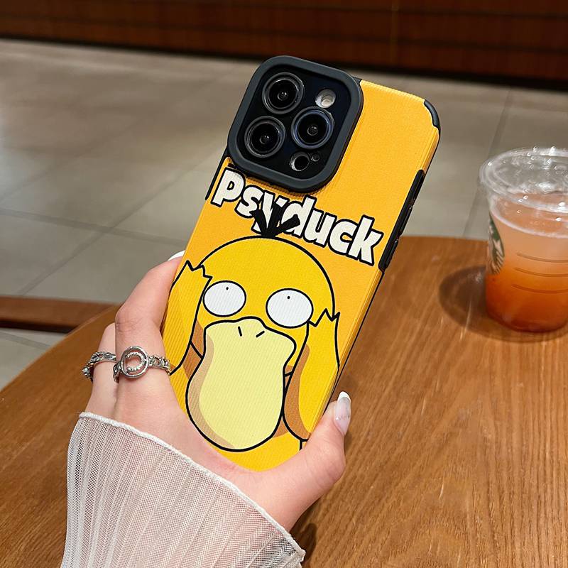 Cool Leather Soft Case iP iPhone 7 8 Plus SE 2020 X XR XS Max 11 12 13 14 Pro Max 14 Plus Phone Case Camera Protect Yellow psyduck Pokemon GO Men's Fashion