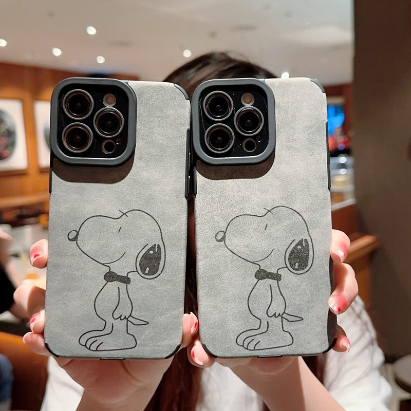 Retro suede Soft Case iP iPhone 7 8 Plus SE 2020 X XR XS Max 11 12 13 14 Pro Max 14 Plus Phone Case Camera Protect Gray Grey Cartoon Anime Snoopy