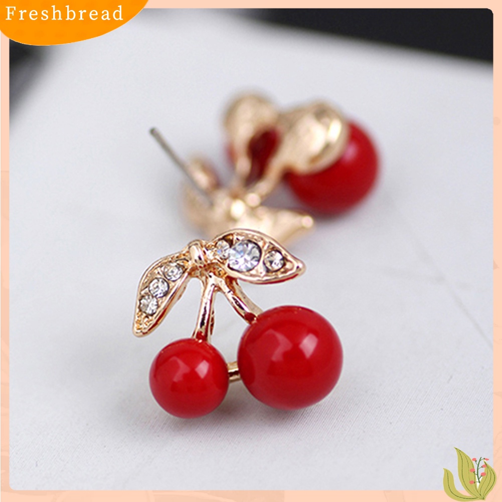 {In Stock} Wanita Merah Cherry Bening Berlian Imitasi Telinga Studs Beads Golden Alloy Leaves Earrings