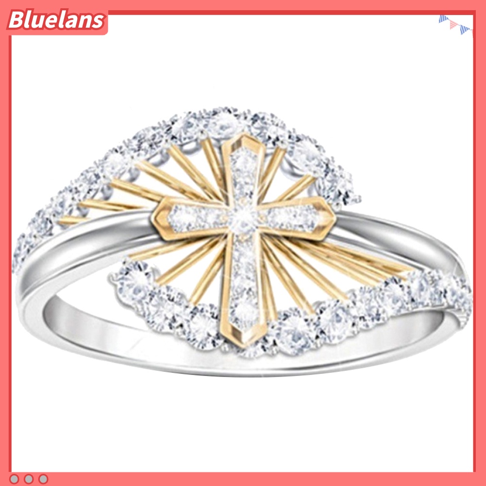 {In Stock} Wanita Dual Tone Berlian Imitasi Bertatahkan Cincin Jari Silang Perhiasan Pertunangan Pernikahan