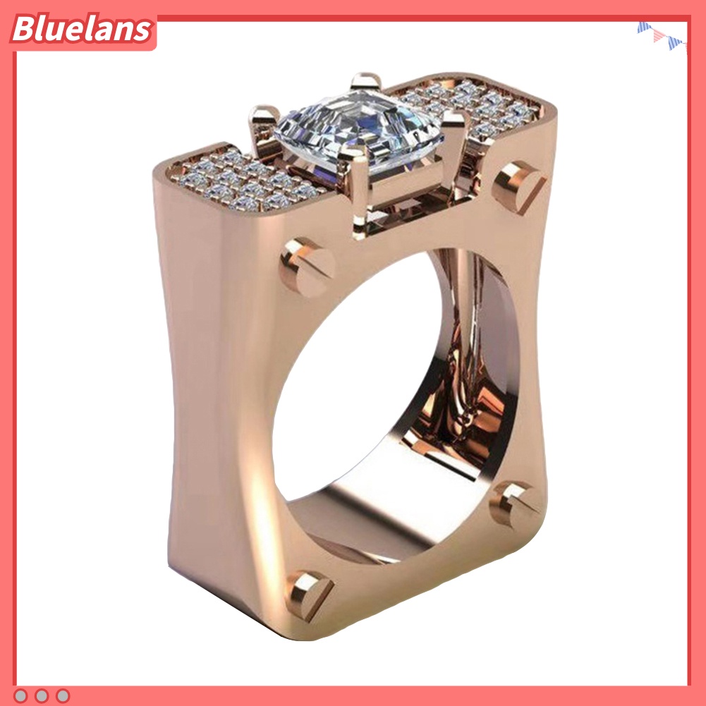 {In Stock} Fashion Wanita Berlian Imitasi Bertatahkan Persegi Geometris Jari Cincin Pesta Perhiasan Hadiah