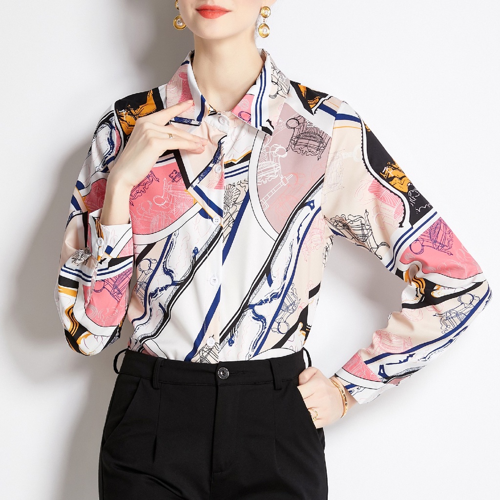2023 New Korean Fashion Pink Blue Chiffon Soft Fabric Long Sleeve Shirts Casual Work OL Print Shirt Tops Atasan Kemeja Pendek Wanita Kasual Lengan Panjang