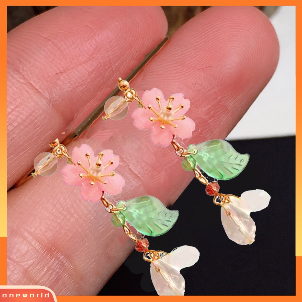 [OWR] 1pasang Ladies Earrings Unik Chic Semua Pertandingan Panjang Elegan Hias Logam Bunga Sakura Menjuntai Anting Hadiah