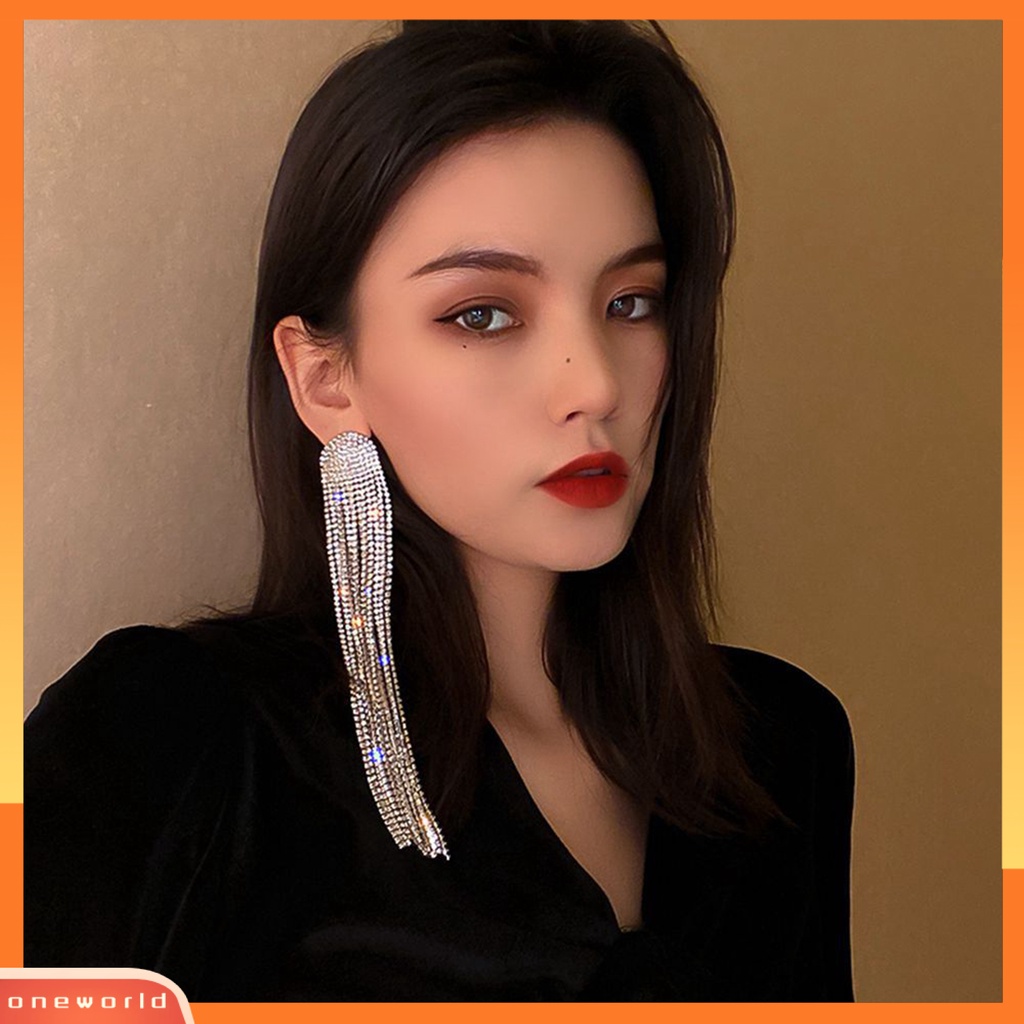 [OWR] 1pasang Drop Earrings Shiny Panjang Rumbai Penuh Berlian Imitasi Temperamen Berkilau Berdandan Hadiah Wanita Menjuntai Anting Pesona Perhiasan Aksesori Busana