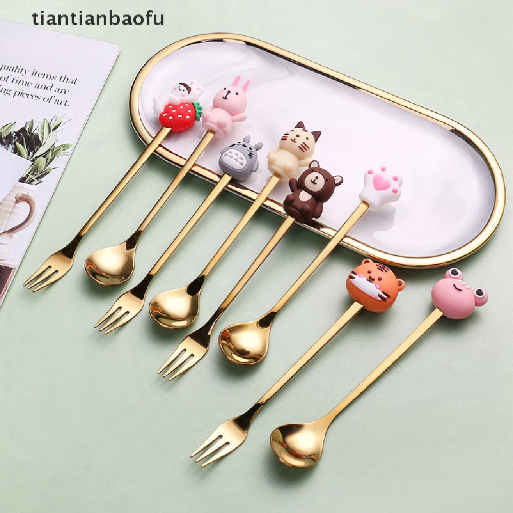 [tiantianbaofu] 4 Pcs/6 Pcs Anak Peralatan Makan Sendok Garpu Set Buah Hewan Dekorasi Dessert Spoon Fruit Fork Coffee Spoon Cutlery Gift Boutique