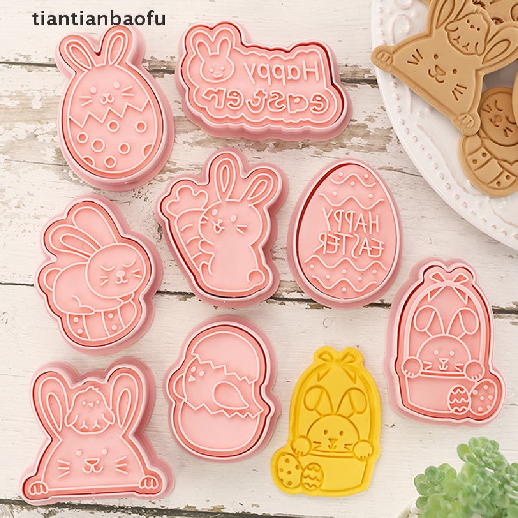 [tiantianbaofu] 8pcs/set Paskah Cookie Cutter Kelinci Pemotong Telur DIY 3D Cetakan Kue Plastik Butik