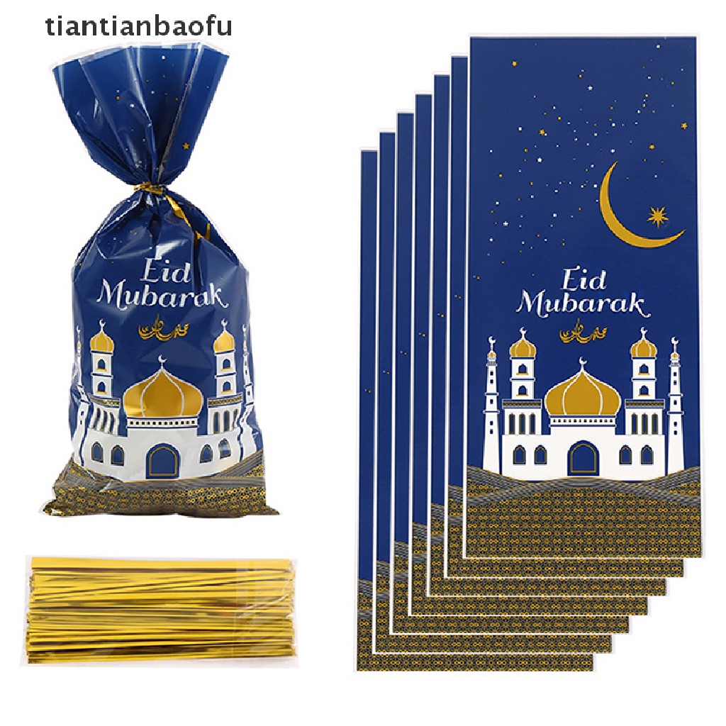 [tiantianbaofu] 50pcs Eid Mubarak Gift Bag Plastik OPP Bag Dua Warna Mix Perlengkapan Pesta Muslim Butik