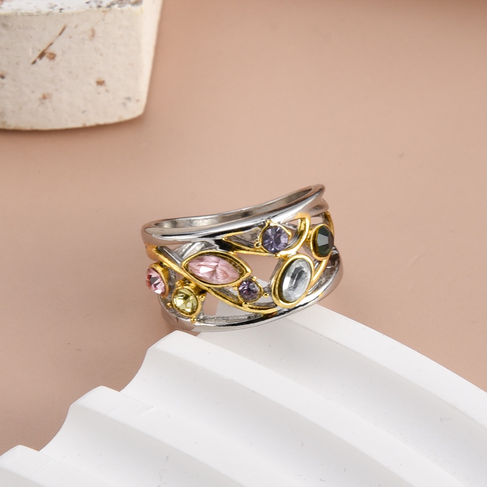 Fashion Cincin Zirkon Hias Untuk Wanita/Cincin Jari Gelombang Pola Geometris Multicolor Halus/Cincin Pesta Elegan/Perhiasan Wanita Populer