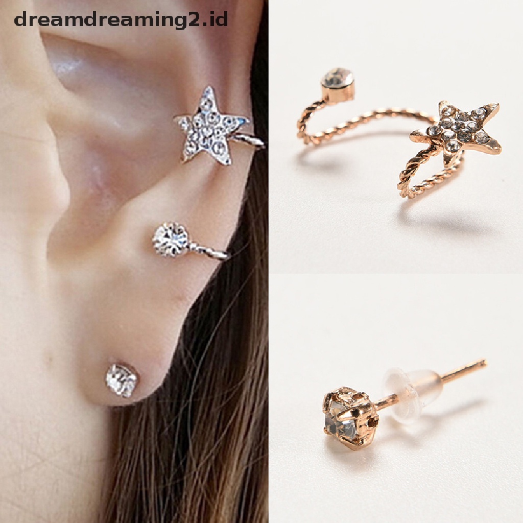 (hot) Wanita Fashion Kristal Berkilau Pentagram Klip Telinga Trendi Manset Telinga Stud Earings//