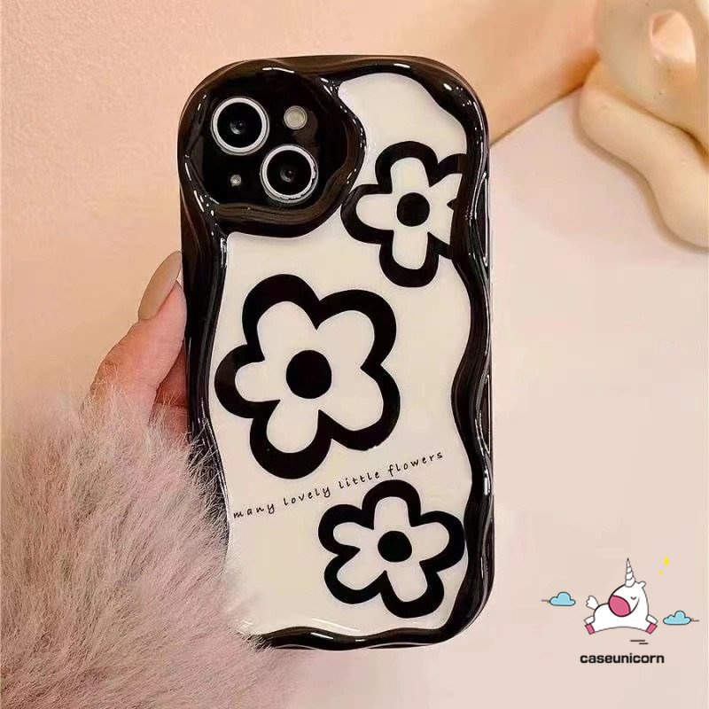 Casing Simple Tiga Bunga Glossy Kompatibel Untuk IPhone 7Plus XR 11 Pro Max 6s 8 6 7 Plus 13 14 12 Pro Max X XS Max SE 2020 3D Wavy Curved Edge White Shockproof Airbag Soft Cover