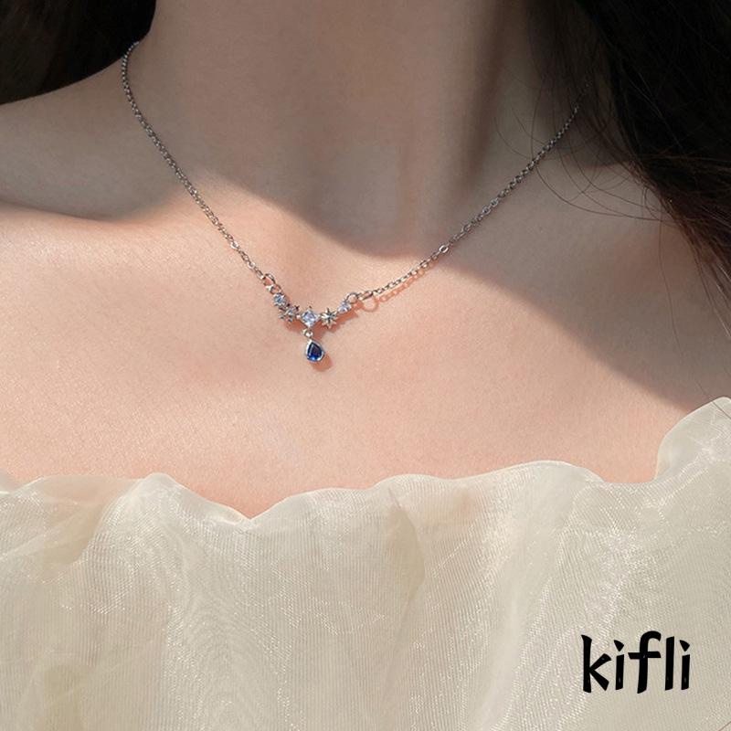 [KD] Blue Zircon Water Drop Kalung Wanita Ringan Mewah Manis Keren Temperamen Rasa Canggih