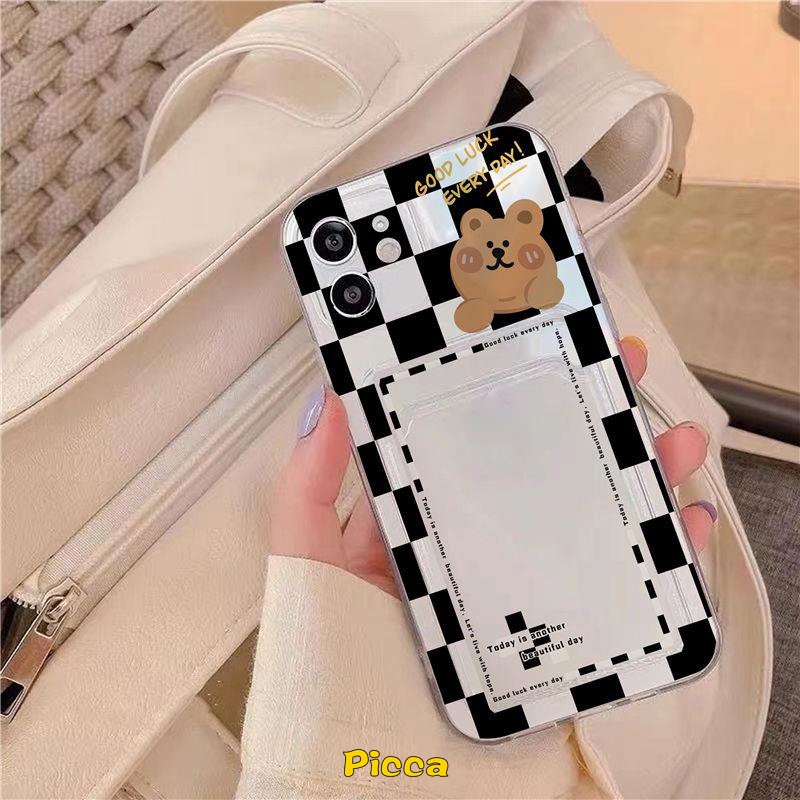 Kartun Lucu Bear Case Oppo A16 A95 A55 A12 A15 A96 A15s A7 A9 A5 2020 A5s A54 A74 A3s A12E A76 Reno8 7 5G A11K A36 A35 INS Dompet Slot Card Holder Anti Jatuh Lembut Tpu Penutup Belakang