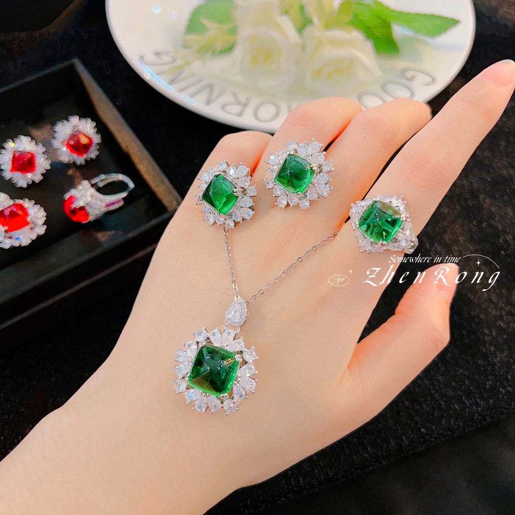 Goldkingdom Aksesoris Perhiasan Fashion Ready Stock Sederhana Menara Gula Set Anting Royal Biru Liontin Kalung Zamrud Cincin Ruby