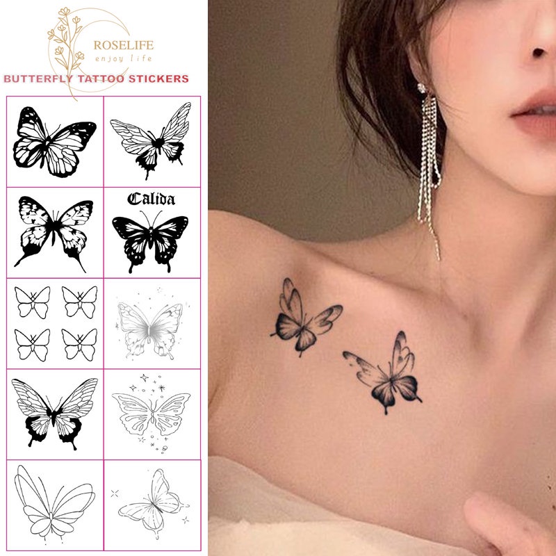 Roselife 10PCs Trendi Tahan Air 3D Hitam Kupu-Kupu Tato Sementara Stiker Tahan Lama Leher Ankle Tubuh Tato Untuk Wanita Pria
