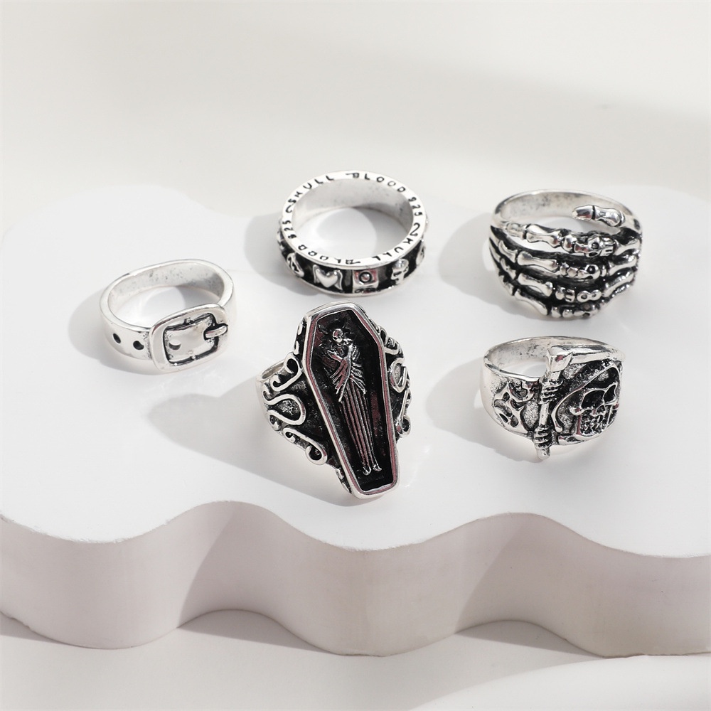 5 Pcs/Set Retro Punk Fashion Reaper Sabit Cincin Set Untuk Pria Gothic Skeleton Tangan Tengkorak Cincin Perhiasan Aksesoris