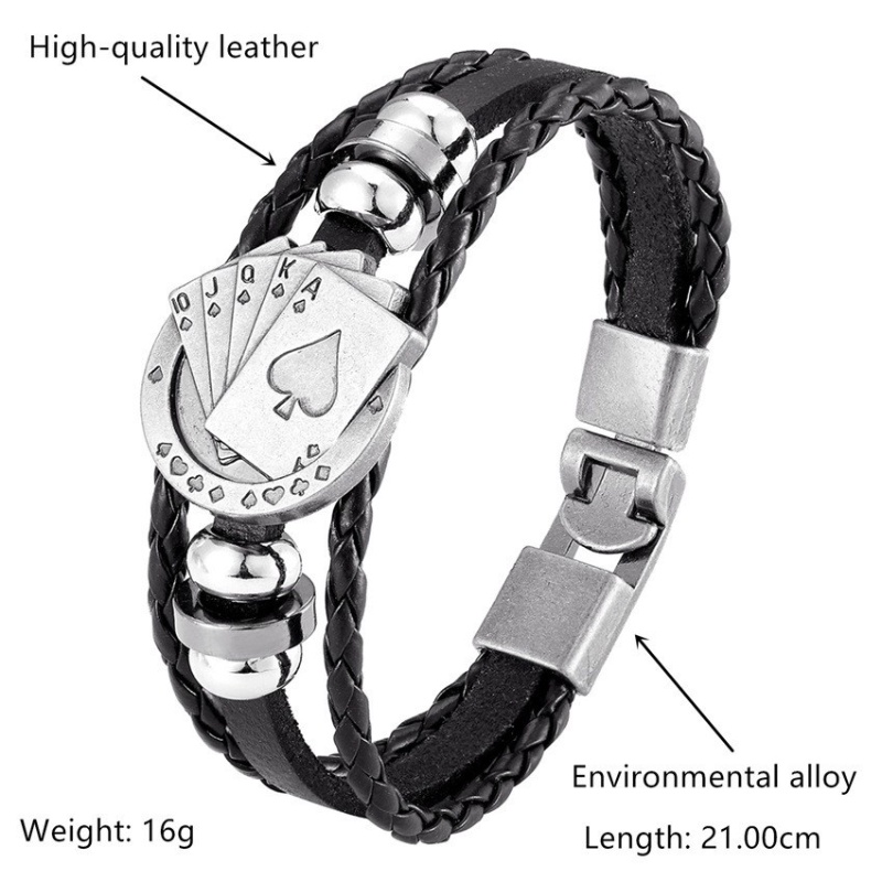 [Z H Perhiasan] Vintage Rock Poker Gelang Kulit Pria Dan Wanita Fashion Stainless Steel Multilayer Manik-Manik PU Gelang Punk Pesta Perhiasan Aksesoris