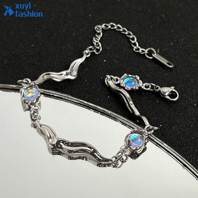 Fashion MoonStone Twisted Bracelet Untuk Wanita Splice Gelang Rantai Perak Aksesoris Perhiasan