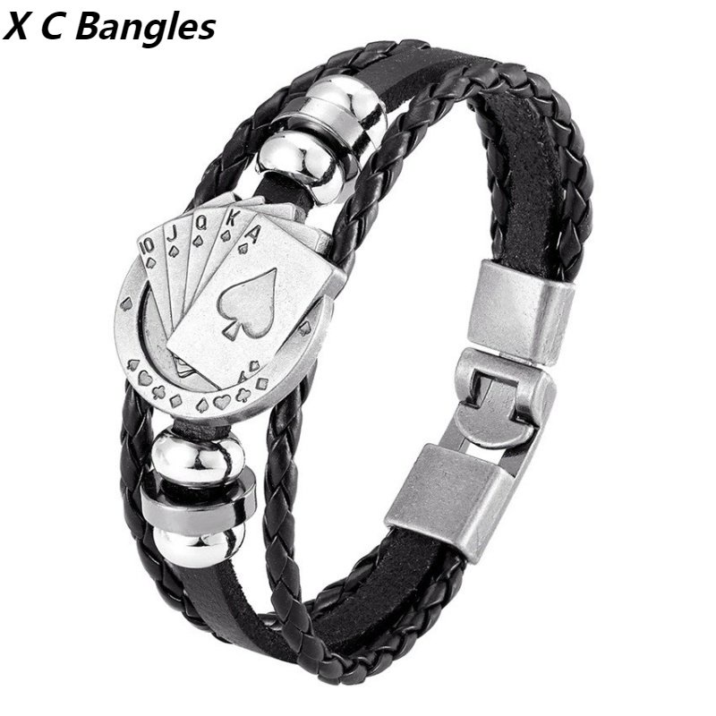 [X C Gelang] Baru Multi Layered Remi Kartu Gelang Kulit Hitam Vintage Hip Hop Punk Lengan Manik-Manik Berlapis Seng Alloy Anyaman Gelang