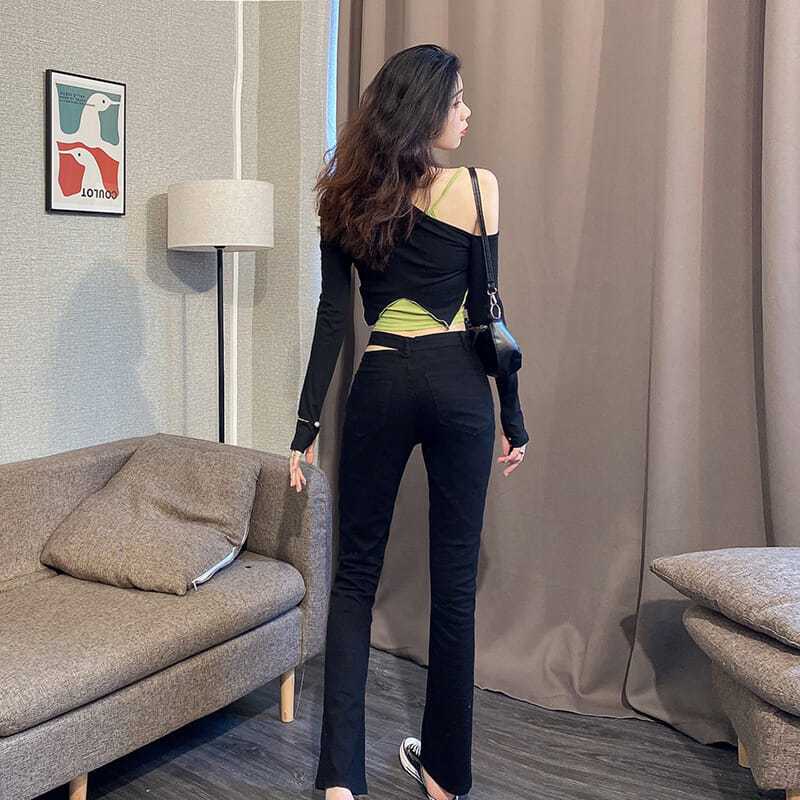 Red Musim gugur baru bahu miring tidak beraturan dua potong top wanita ceruk desain seksi berongga all-match warna kontras T-shirt