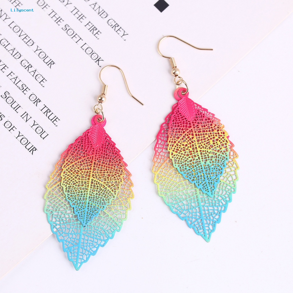 Lilyscent 1pasang Hadiah Ulang Tahun Anting Daun Pakaian Sehari-Hari Wanita Pesona Double-layer Leaf Drop Menjuntai Earrings Warna-Warni