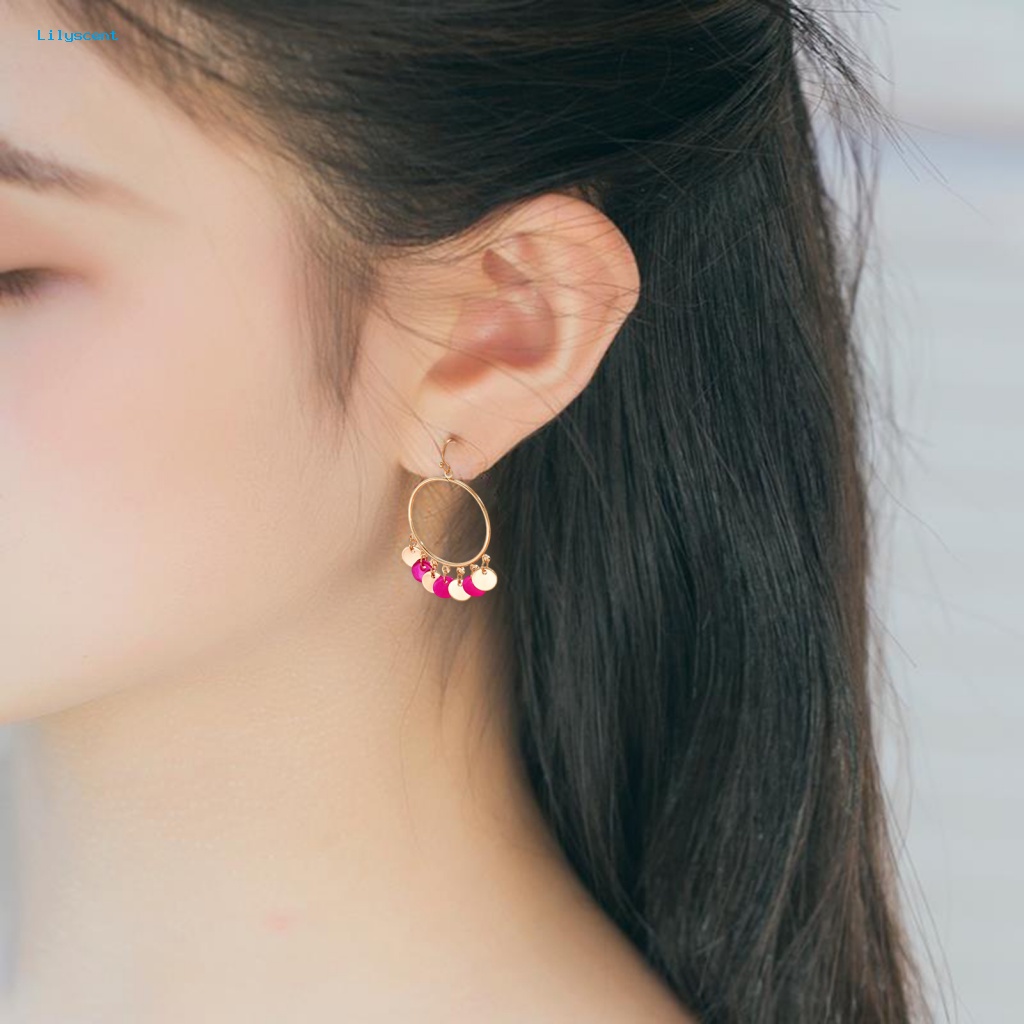 Lilyscent 1pasang Ringan Menjuntai Anting Fashion Perhiasan Logam Bulat Liontin Kait Anting Golden