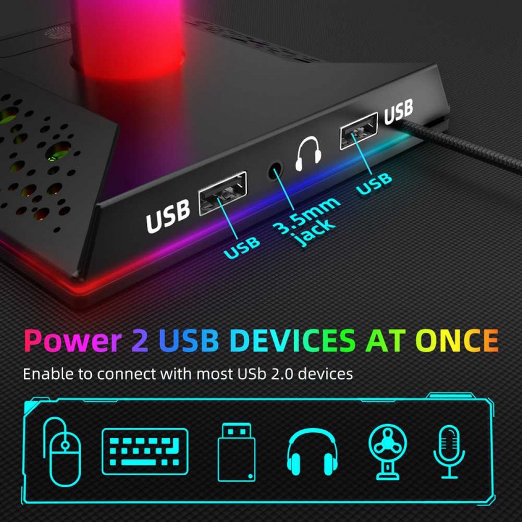 Gantungan Headphone Gaming Stand Hanger LED RGB 2 Port USB Jack 3.5