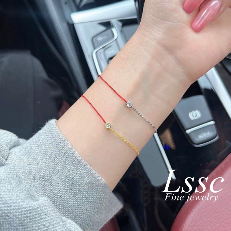 Gelang Tali Merah Titanium Wanita Anti Karat Berlian Permata Satu Emas 18K Keberuntungan Mewah Korea Aksesoris Perhiasan