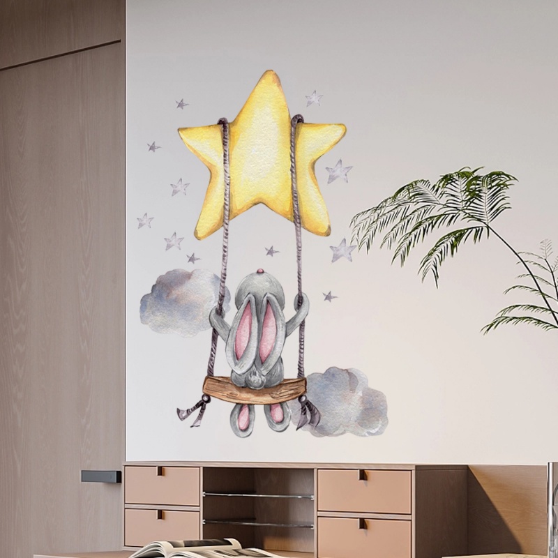 Bunny Baby Nursery Stiker Dinding Kartun Kelinci Swing on The Stars Wall Decals Untuk Kamar Anak PVC Removable Sticker DIY Dekorasi Rumah