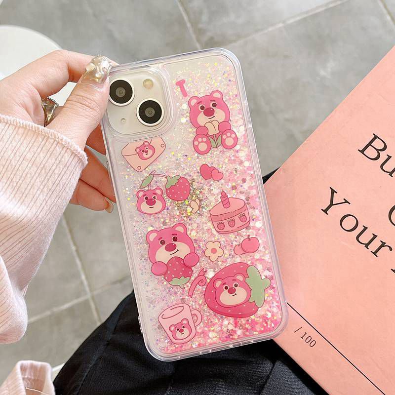 Nice Quicksand Pink Strawberry Bear Girl Woman Soft TPU Case HP iP iPhone 12 13 14 Pro Max 11 FTD Casing Apple