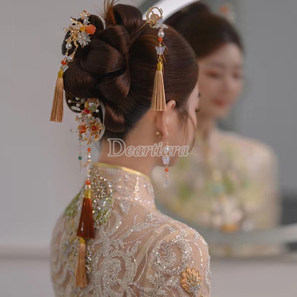 Fashion Cina Xiuhe Hiasan Kepala Pengantin Ornamen Langkah Goyang Rumbai Jepit Rambut Super Abadi Jepit Rambut Pernikahan