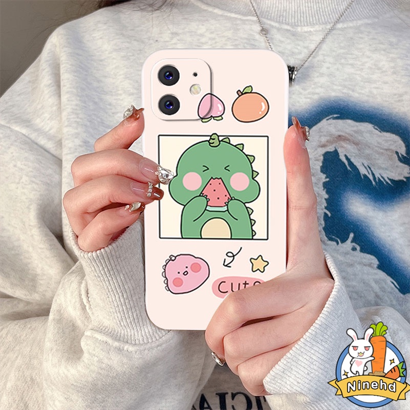 IPHONE Casing Kompatibel Untuk Iphone14 13 12 11 Pro Max X Xr Xs Max8 7 6 6s Plus SE 2020 Kartun Dinosaurus Kecil Tepi Lurus Silikon Pelindung Lensa Shockproof Full Protect Phone Case